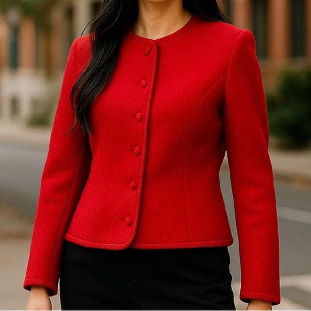 VTG Lands End 100% Boiled Wool Red Cardigan Jacket 8P | Petite Holiday Classic